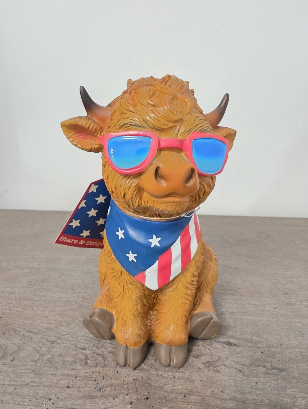 Patriotic Highland Cow 4th of July Figurine with Sunglasses and Bandana